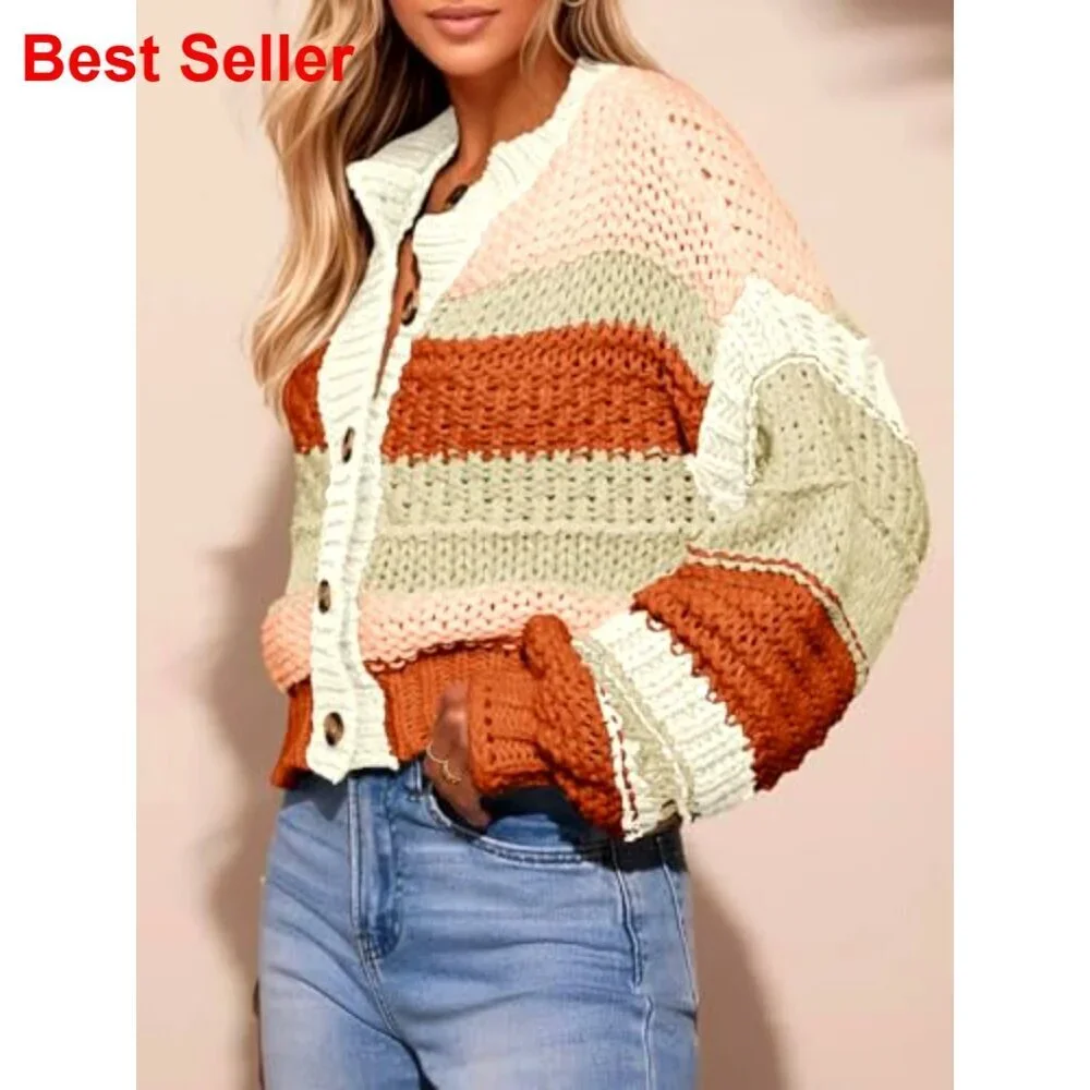 Striped Chunky Cardigan Sweater Button Up Oversized Long Sleeve Knit